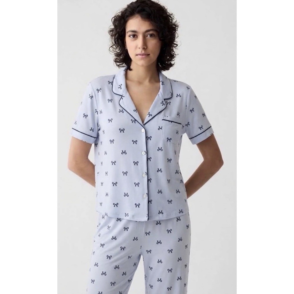Gap Body Pajama Set Blue Bow Print Button Top Pants Soft Lounge Size Medium